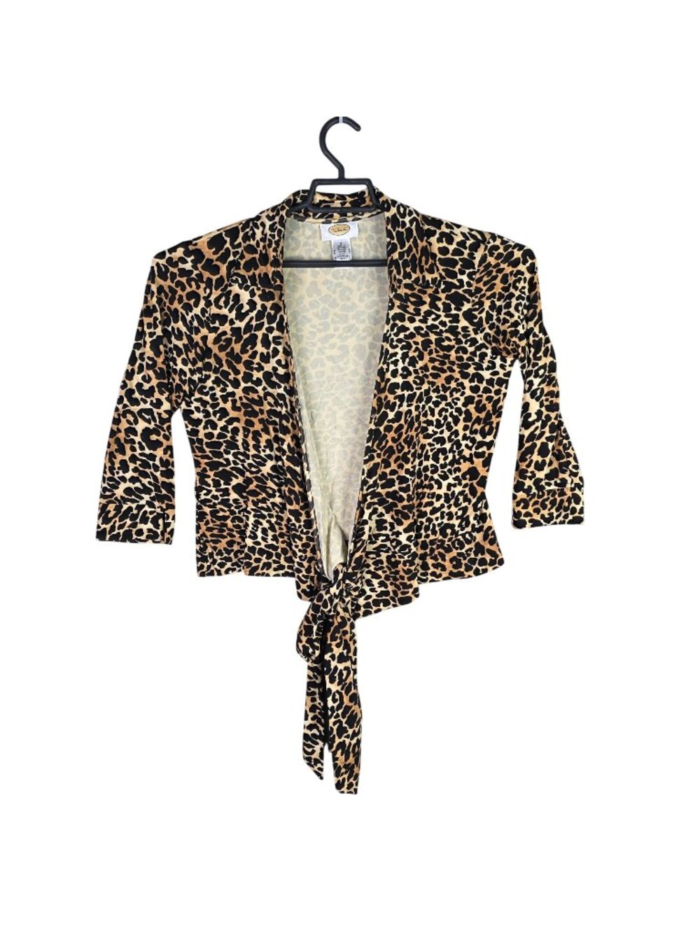 Womens Talbots Leopard Print Tie-Front Cardigan 3/4 Sleeve Rayon Blend Stretch S